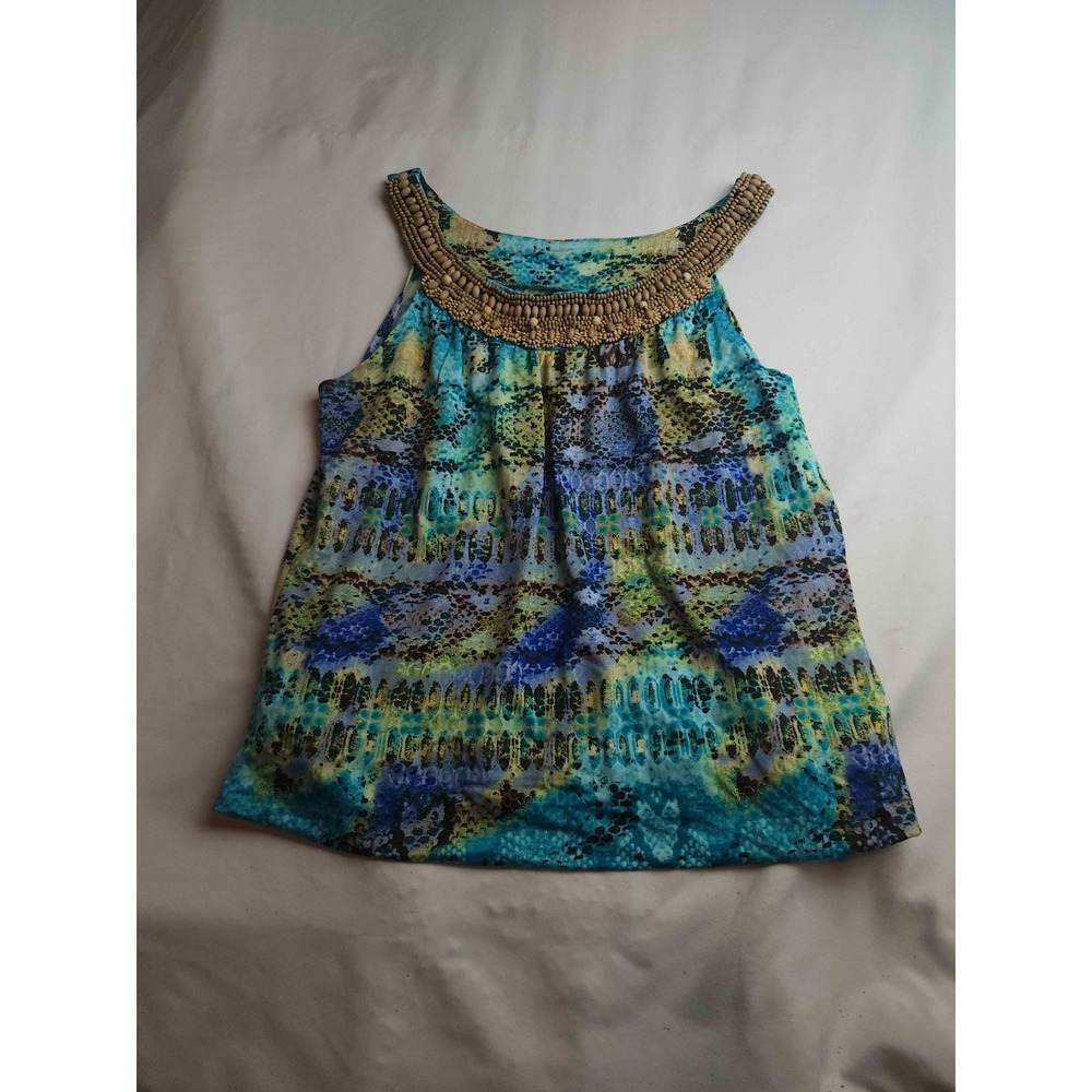 New Directions Tank Top Womens Small Green Animal Print Beaded Boat Neck Casual